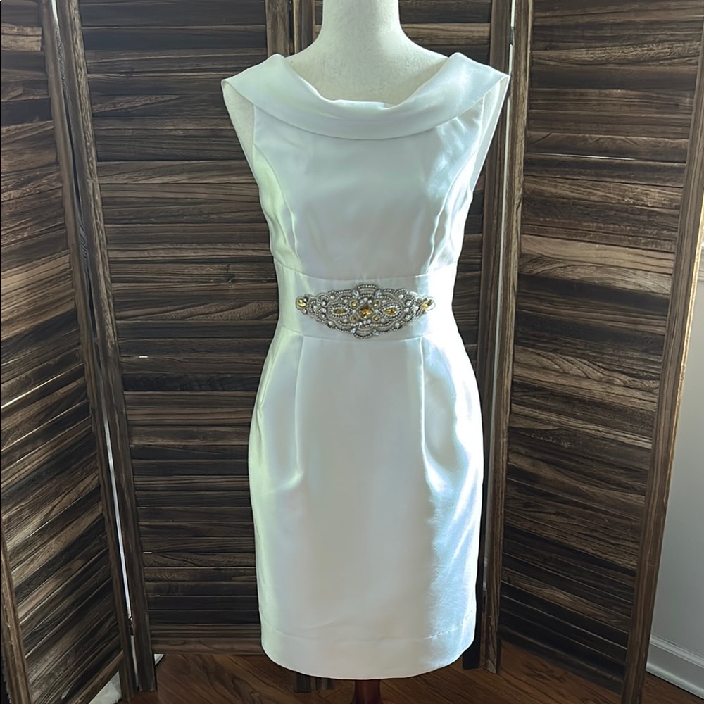 Eliza J White Sheath Dress with Cowl Neck and Ruched Details